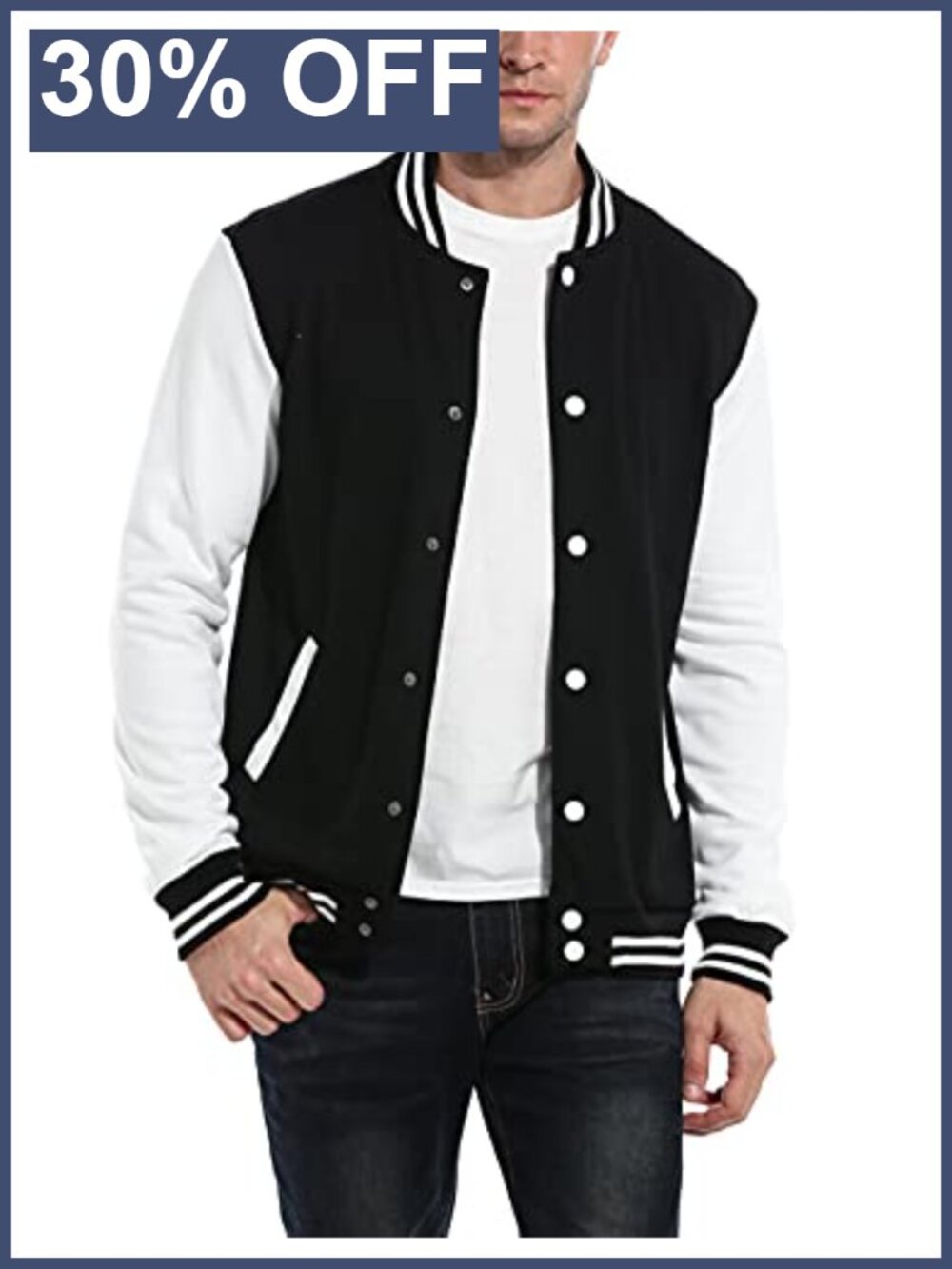 COOFANDY Varsity Letterman Bomber Jacket Slim Fit Rib Trim Button Cotton Blend